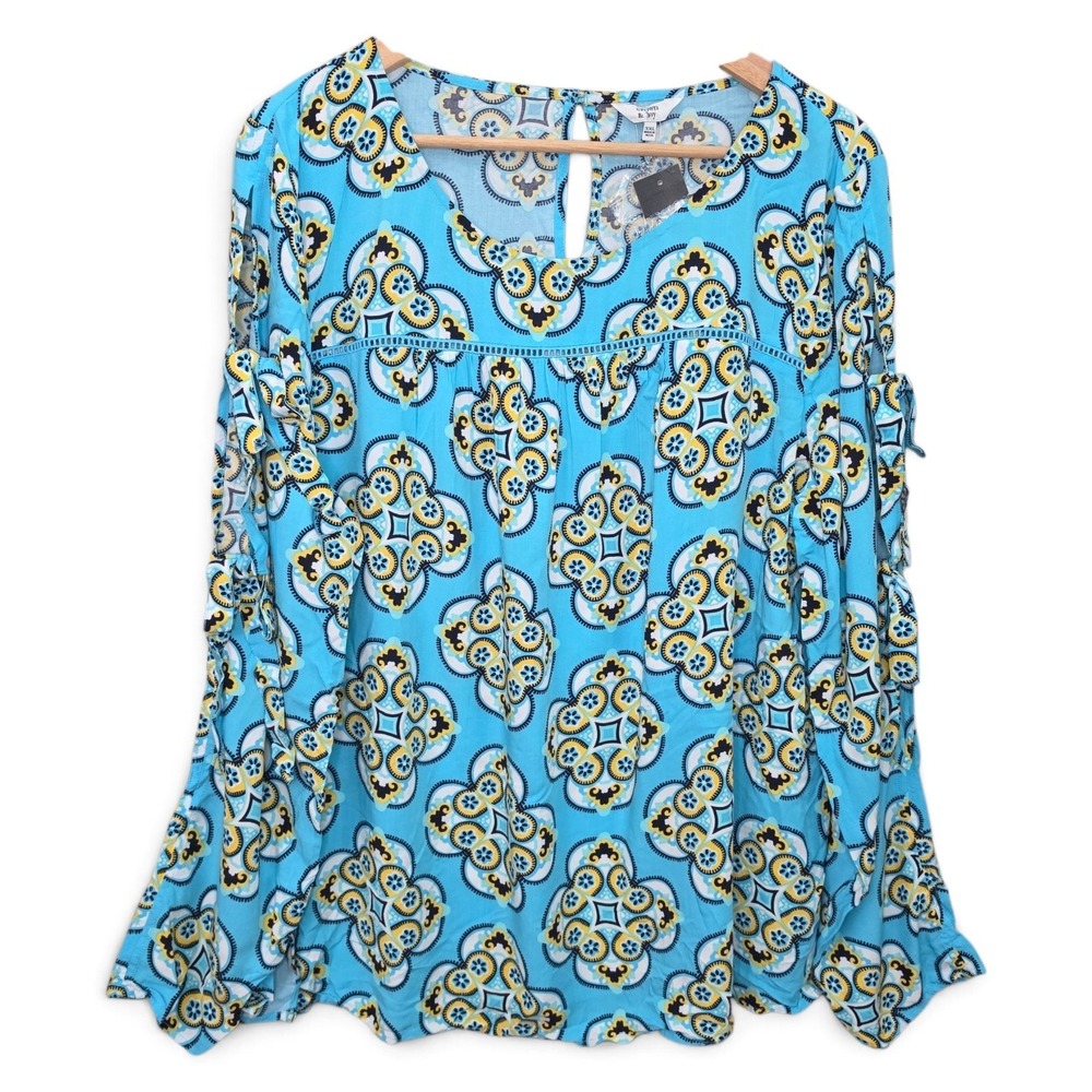 Crown & Ivy Top Womens XXL 2XL Blue Peasant Blouse Slit Sleeve Printed Floral